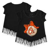 Black Baltimore Orioles Tiny Turnip Girls Youth Baseball Bow Fringe T-Shirt