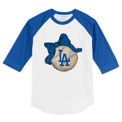 White/Royal Los Angeles Dodgers Tiny Turnip Youth Baseball Bow 3/4-Sleeve Raglan T-Shirt