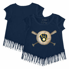 Navy Milwaukee Brewers Tiny Turnip Girls Youth Baseball Cross Bats Fringe T-Shirt
