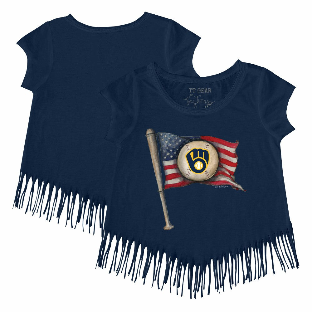 Navy Milwaukee Brewers Tiny Turnip Girls Youth Baseball Flag Fringe T-Shirt