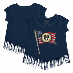 Navy Milwaukee Brewers Tiny Turnip Girls Youth Baseball Flag Fringe T-Shirt