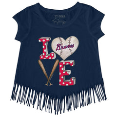 Navy Atlanta Braves Tiny Turnip Girls Youth Baseball Love Fringe T-Shirt