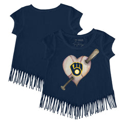 Navy Milwaukee Brewers Tiny Turnip Girls Youth Heart Bat Fringe T-Shirt
