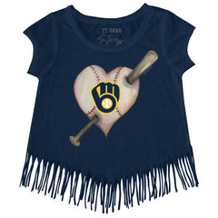 Navy Milwaukee Brewers Tiny Turnip Girls Youth Heart Bat Fringe T-Shirt