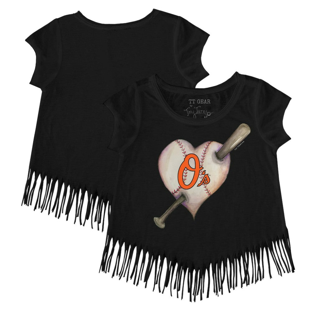 Black Baltimore Orioles Tiny Turnip Girls Youth Heart Bat Fringe T-Shirt