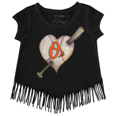 Black Baltimore Orioles Tiny Turnip Girls Youth Heart Bat Fringe T-Shirt