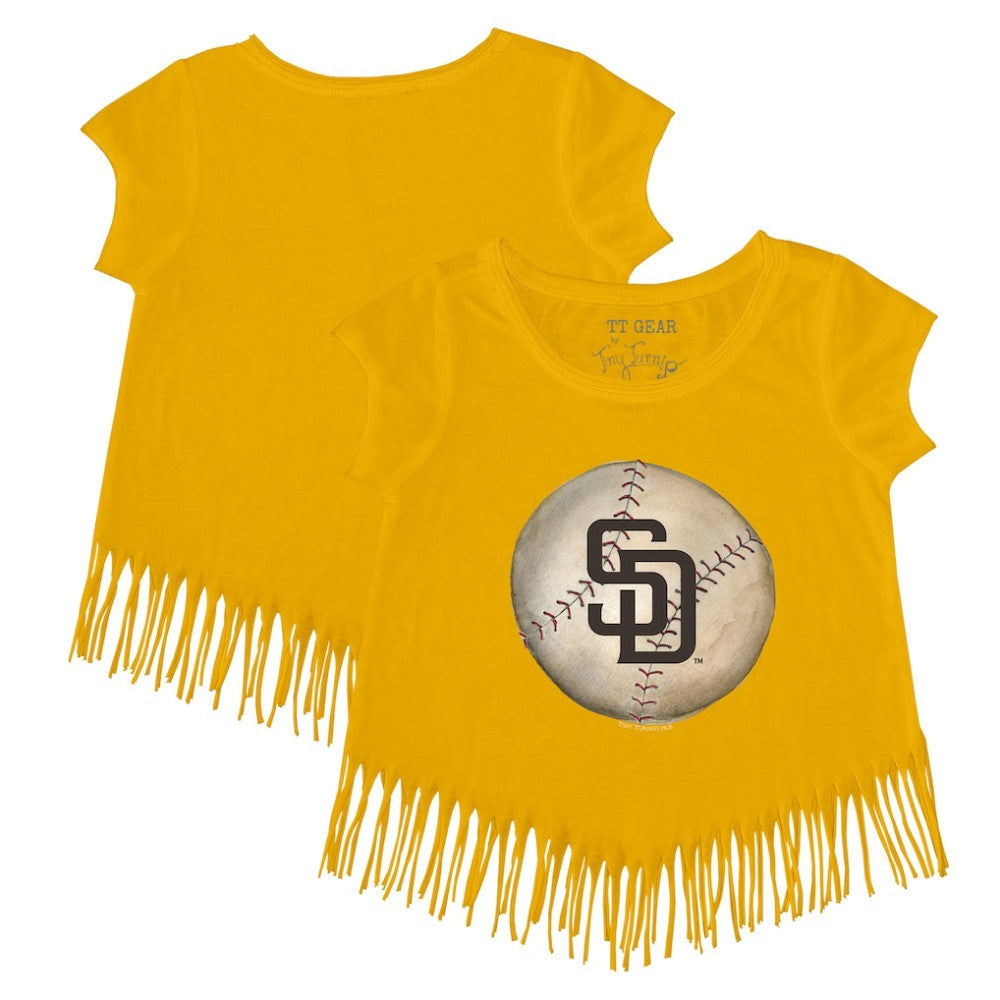 Gold San Diego Padres Tiny Turnip Girls Youth Stitched Baseball Fringe T-Shirt