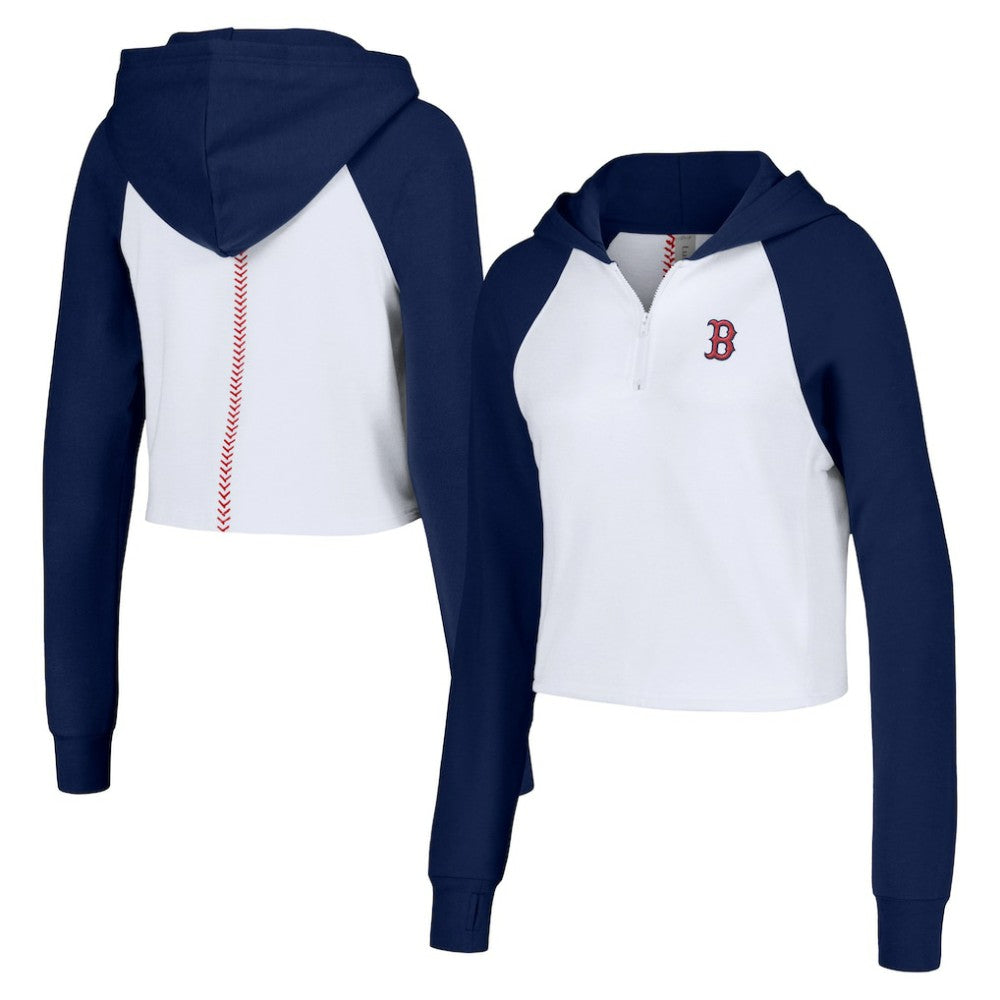 White Boston Red Sox Lusso Women's Jane Raglan Quarter-Zip Tri-Blend Cropped Pullover Hoodie