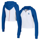 White Los Angeles Dodgers Lusso Women's Jane Raglan Quarter-Zip Tri-Blend Cropped Pullover Hoodie