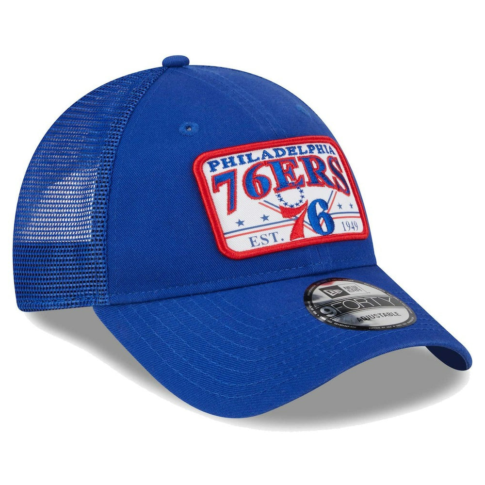 New Era Philadelphia 76ers Plate Oversized Patch Trucker 9FORTY Adjustable Hat