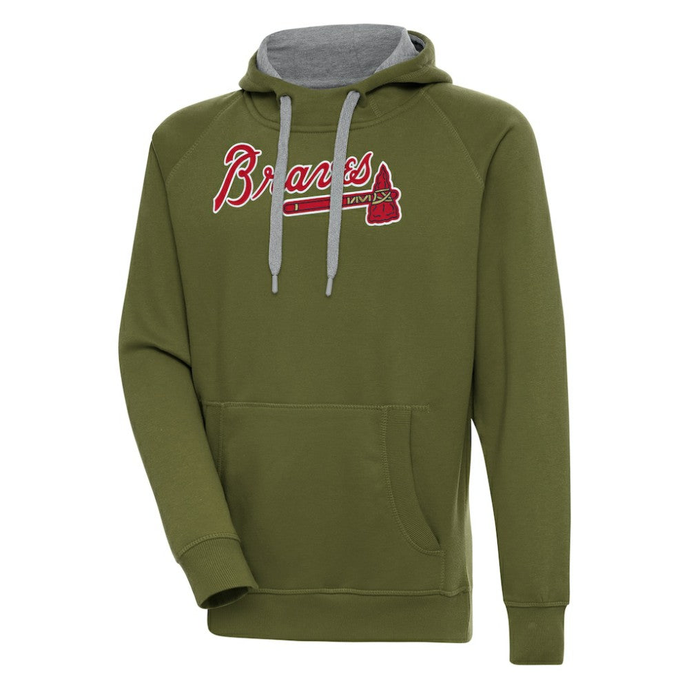 Olive Atlanta Braves Antigua Victory Pullover Hoodie