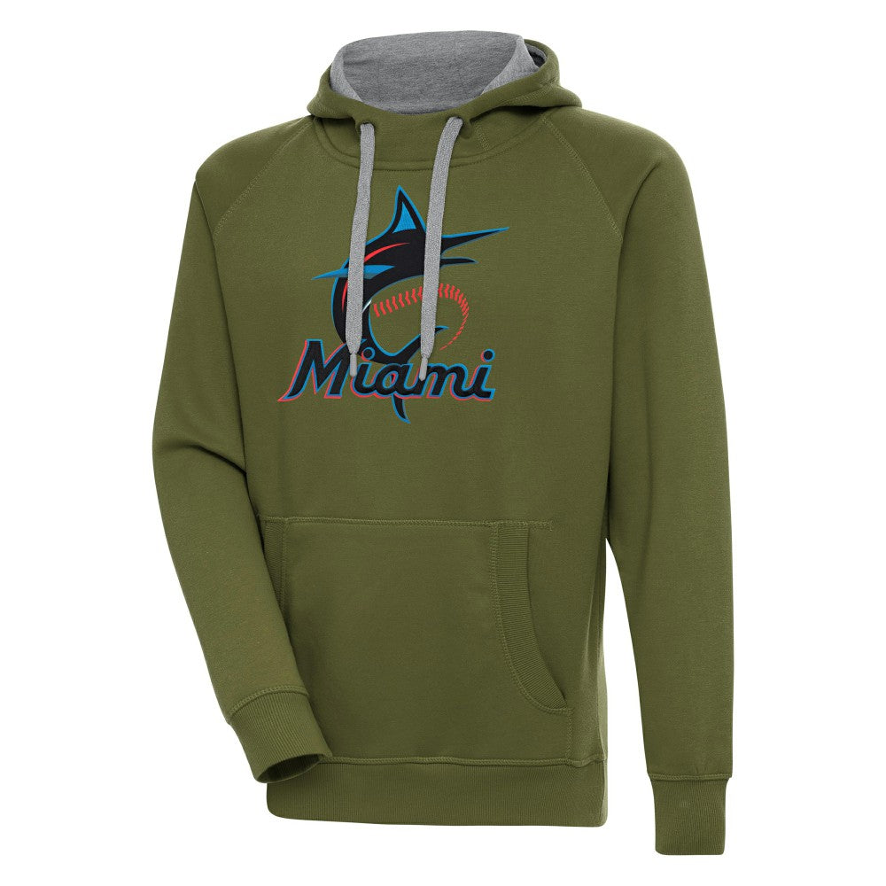Olive Miami Marlins Antigua Victory Pullover Hoodie