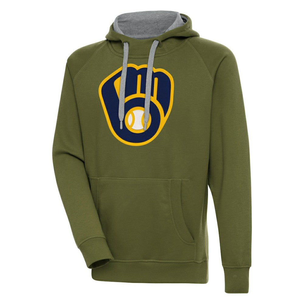 Olive Milwaukee Brewers Antigua Victory Pullover Hoodie