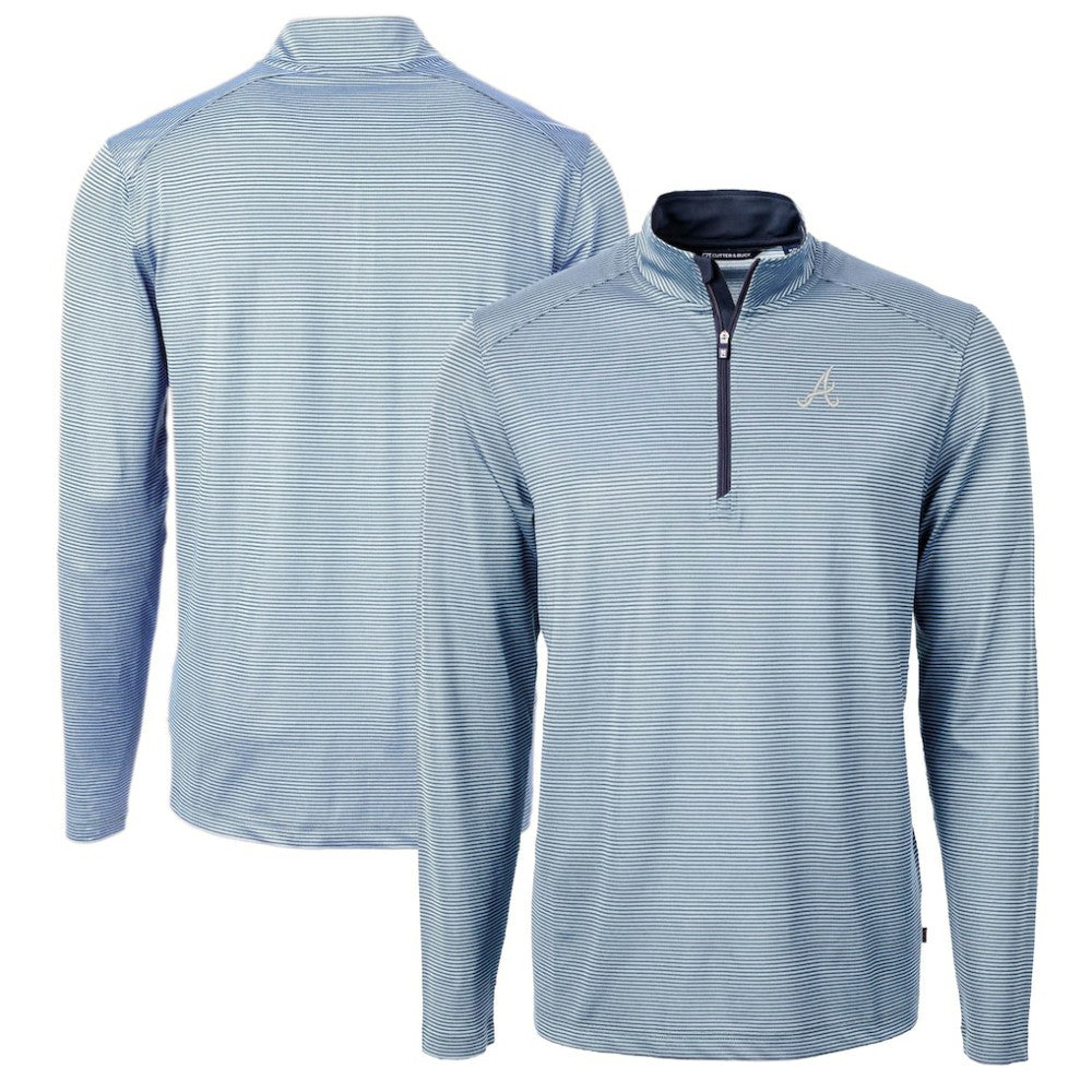 Light Blue/Navy Atlanta Braves Cutter & Buck Virtue Eco Pique Micro Stripe Recycled Quarter-Zip Pullover Top