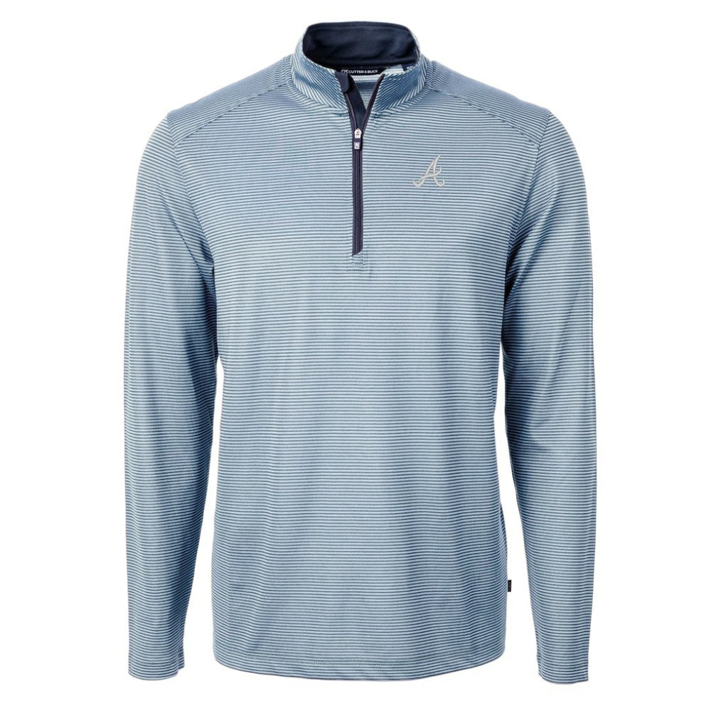 Light Blue/Navy Atlanta Braves Cutter & Buck Virtue Eco Pique Micro Stripe Recycled Quarter-Zip Pullover Top
