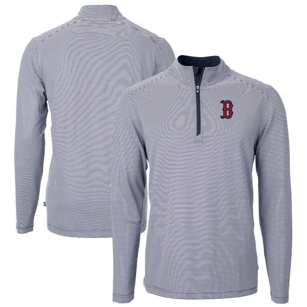Navy/White Boston Red Sox Cutter & Buck Virtue Eco Pique Micro Stripe Recycled Quarter-Zip Pullover Top