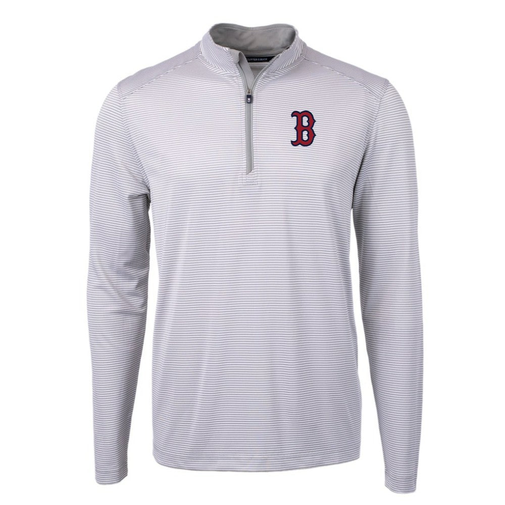 Gray/White Boston Red Sox Cutter & Buck Virtue Eco Pique Micro Stripe Recycled Quarter-Zip Pullover Top