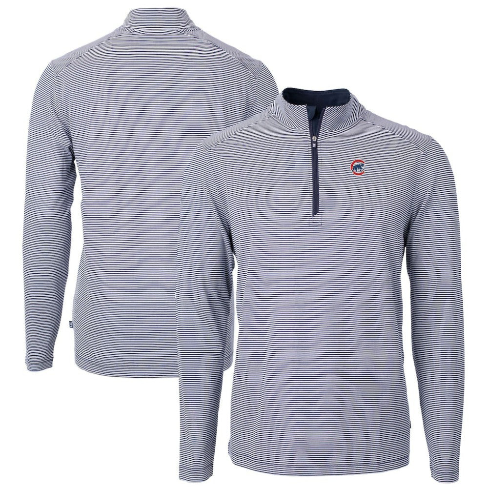Navy/White Chicago Cubs Cutter & Buck Virtue Eco Pique Micro Stripe Recycled Quarter-Zip Pullover Top