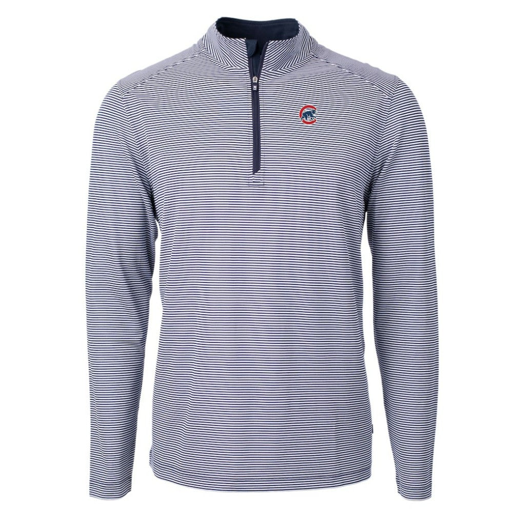 Navy/White Chicago Cubs Cutter & Buck Virtue Eco Pique Micro Stripe Recycled Quarter-Zip Pullover Top