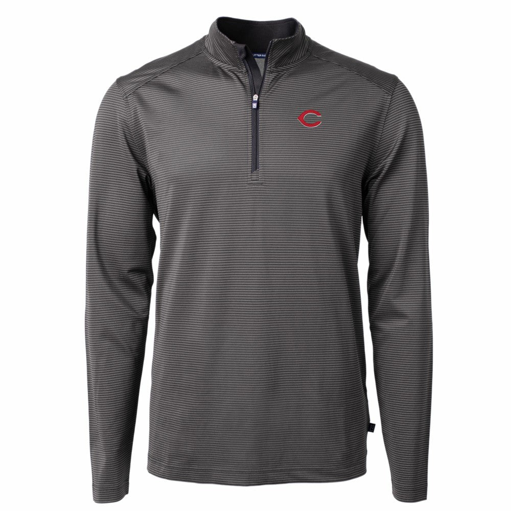 Black/Gray Cincinnati Reds Cutter & Buck Virtue Eco Pique Micro Stripe Recycled Quarter-Zip Pullover Top