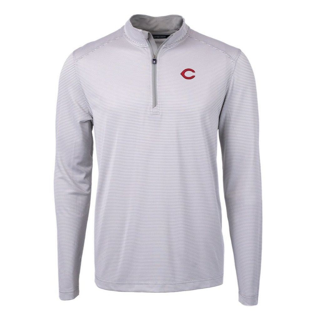 Gray/White Cincinnati Reds Cutter & Buck Virtue Eco Pique Micro Stripe Recycled Quarter-Zip Pullover Top