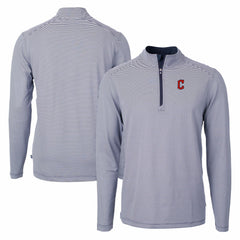 Navy/White Cleveland Guardians Cutter & Buck Virtue Eco Pique Micro Stripe Recycled Quarter-Zip Pullover Top