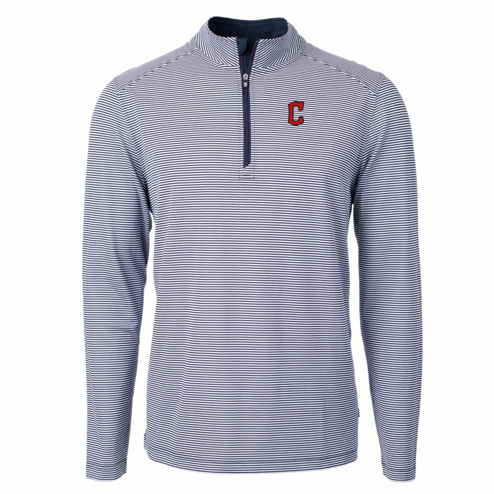 Navy/White Cleveland Guardians Cutter & Buck Virtue Eco Pique Micro Stripe Recycled Quarter-Zip Pullover Top