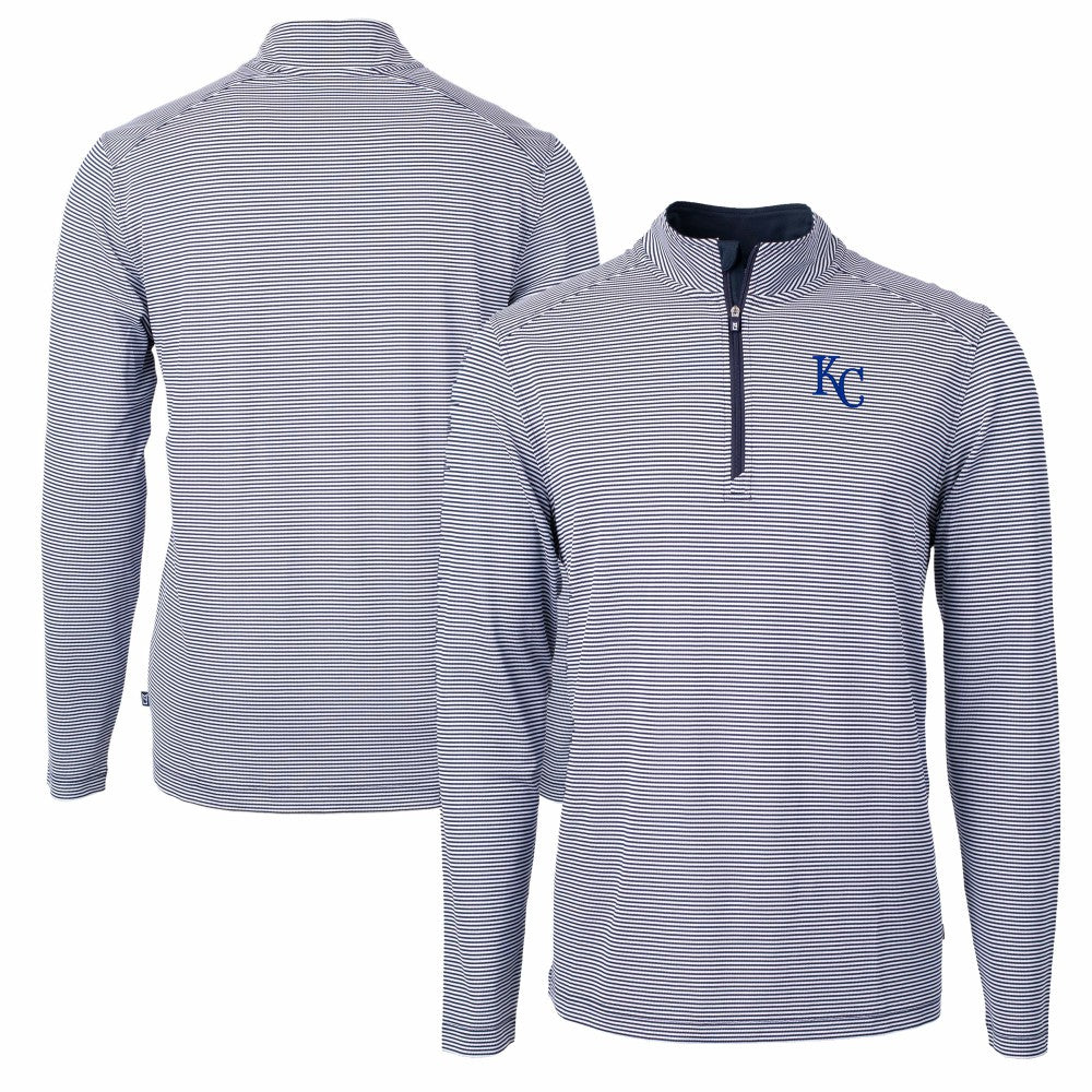 Navy/White Kansas City Royals Cutter & Buck Virtue Eco Pique Micro Stripe Recycled Quarter-Zip Pullover Top