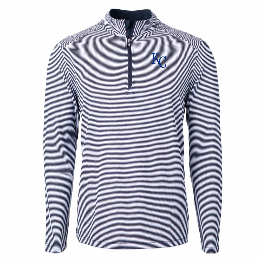 Navy/White Kansas City Royals Cutter & Buck Virtue Eco Pique Micro Stripe Recycled Quarter-Zip Pullover Top