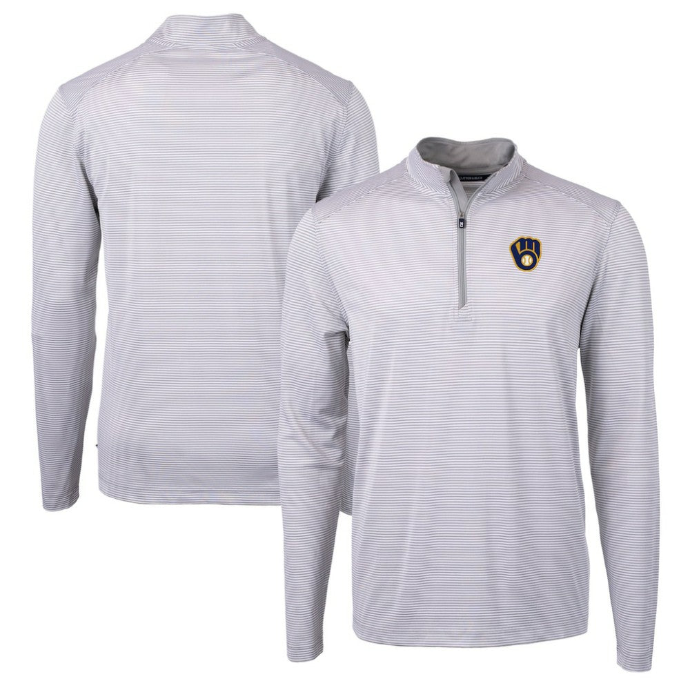 Gray/White Milwaukee Brewers Cutter & Buck Virtue Eco Pique Micro Stripe Recycled Quarter-Zip Pullover Top