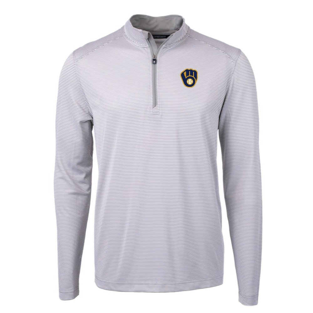 Gray/White Milwaukee Brewers Cutter & Buck Virtue Eco Pique Micro Stripe Recycled Quarter-Zip Pullover Top