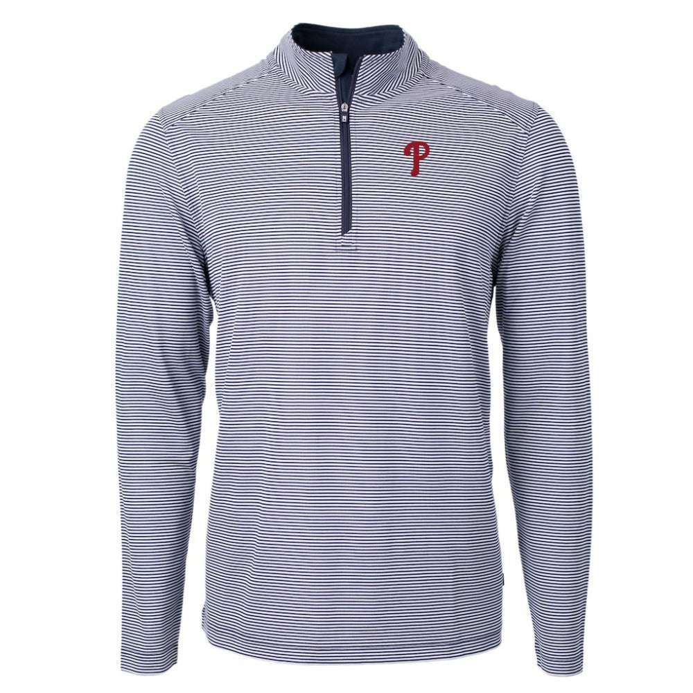 Navy/White Philadelphia Phillies Cutter & Buck Virtue Eco Pique Micro Stripe Recycled Quarter-Zip Pullover Top