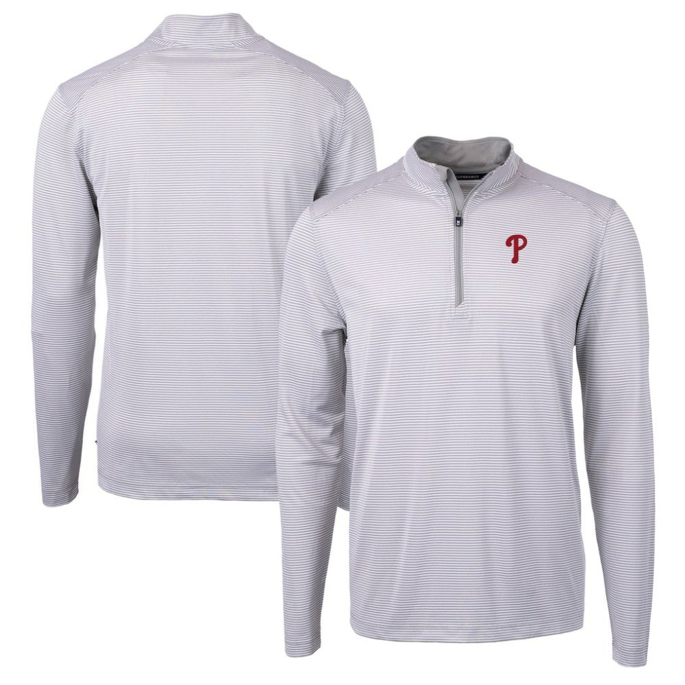 Gray/White Philadelphia Phillies Cutter & Buck Virtue Eco Pique Micro Stripe Recycled Quarter-Zip Pullover Top