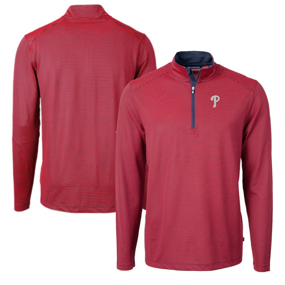 Red/Navy Philadelphia Phillies Cutter & Buck Virtue Eco Pique Micro Stripe Recycled Quarter-Zip Pullover Top