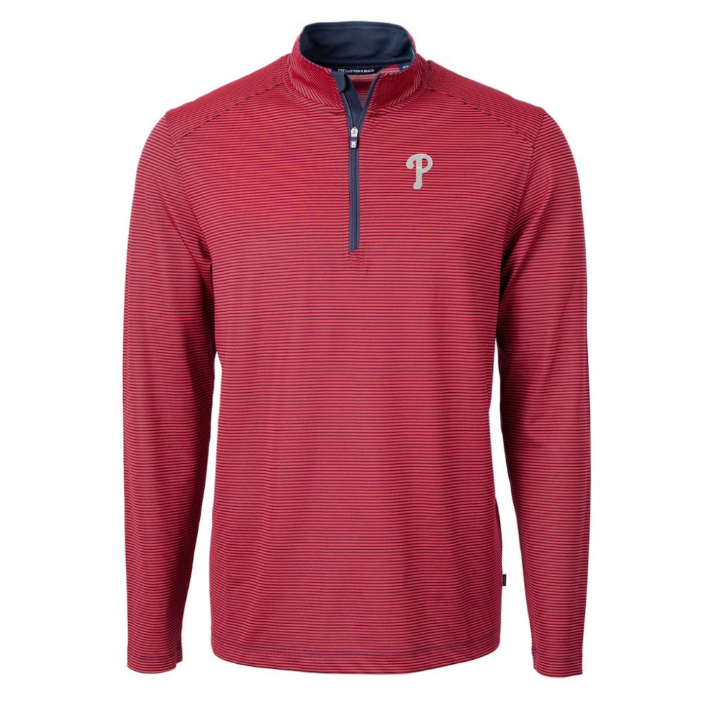 Red/Navy Philadelphia Phillies Cutter & Buck Virtue Eco Pique Micro Stripe Recycled Quarter-Zip Pullover Top