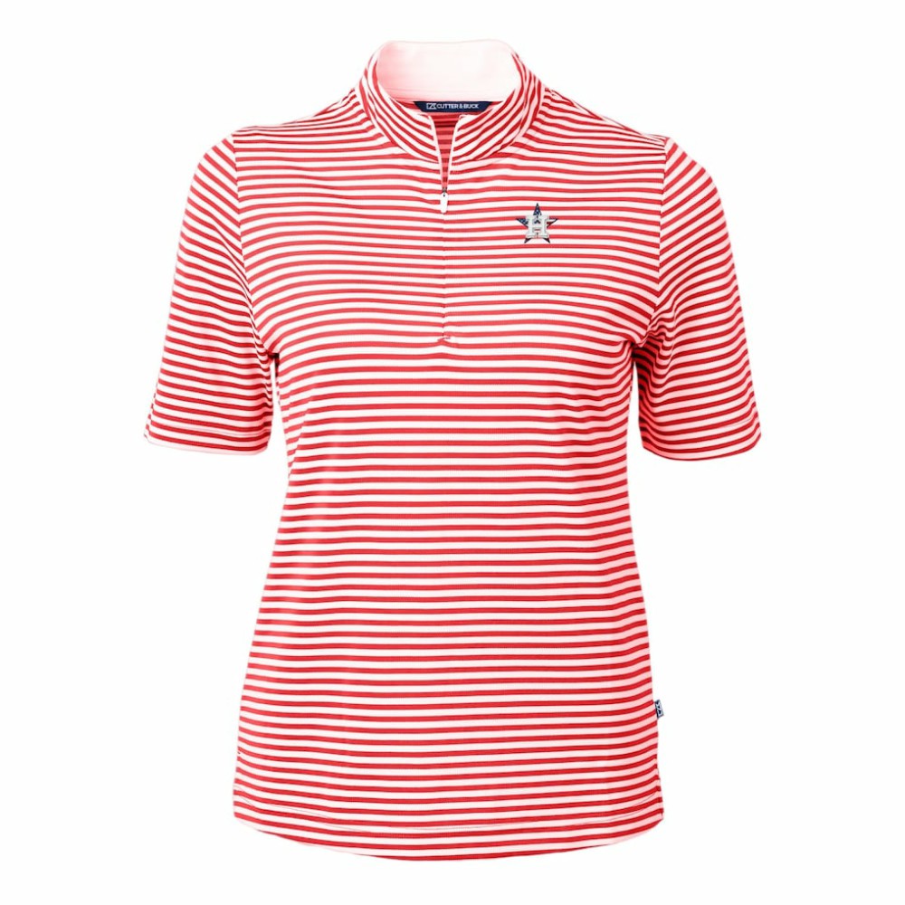 Red Houston Astros Cutter & Buck Women's Virtue Eco Pique Stripe Recycled Quarter-Zip Pullover Top