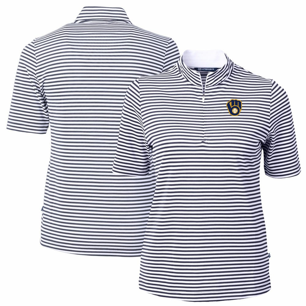 Navy Milwaukee Brewers Cutter & Buck Women's Virtue Eco Pique Stripe Top