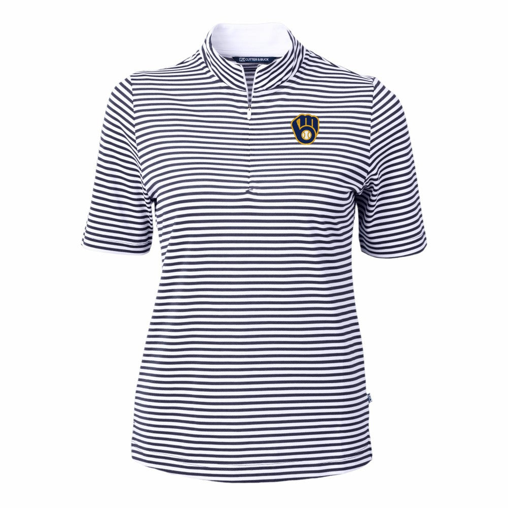Navy Milwaukee Brewers Cutter & Buck Women's Virtue Eco Pique Stripe Top
