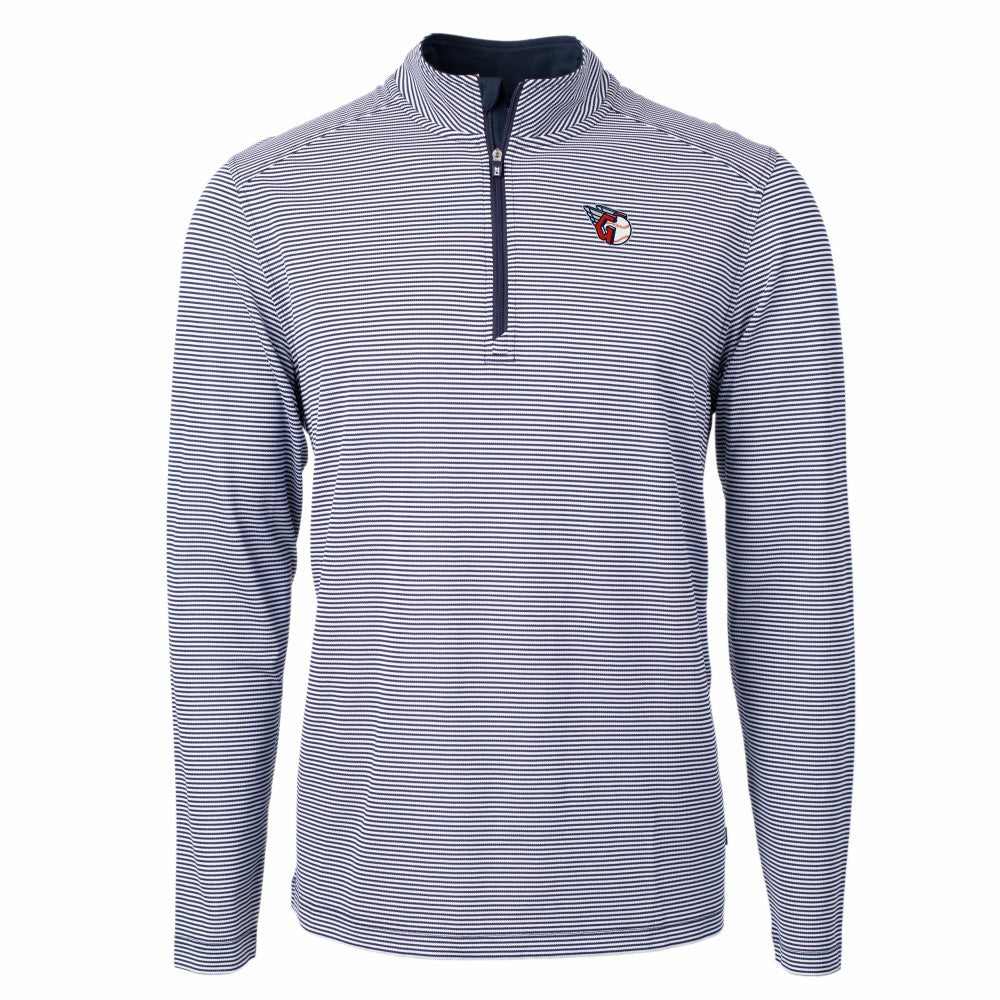 Navy/White Cleveland Guardians Cutter & Buck Virtue Eco Pique Micro Stripe Big & Tall Recycled Quarter-Zip Pullover Top