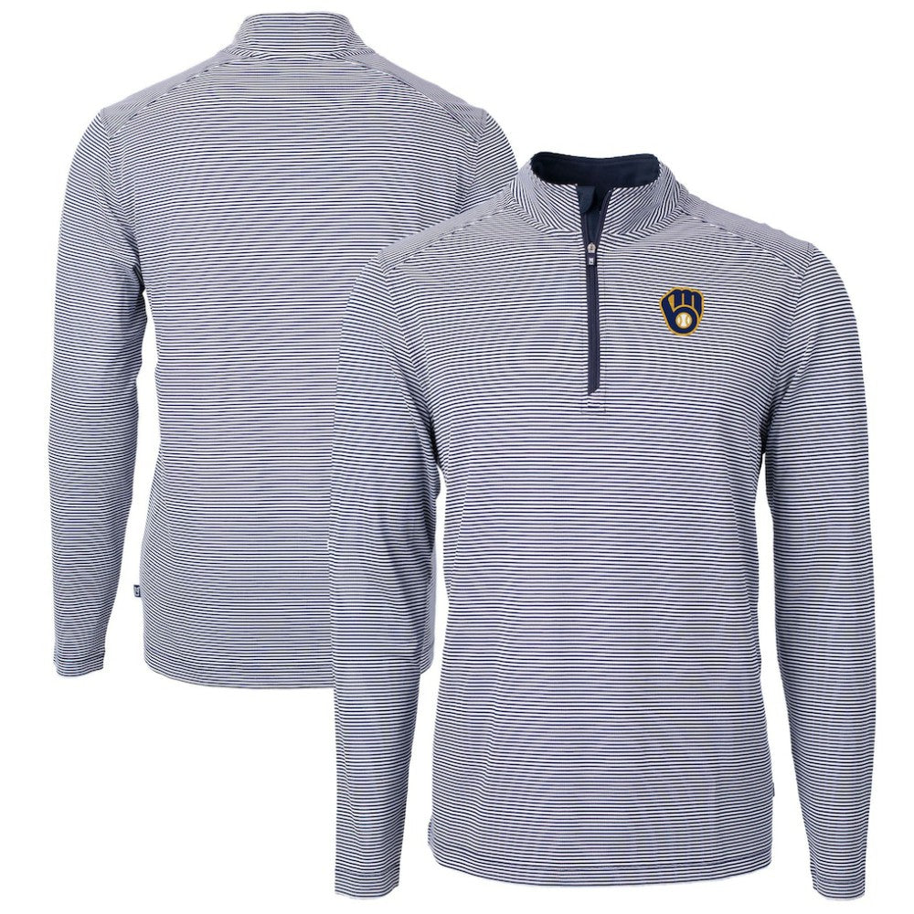 Navy/White Milwaukee Brewers Cutter & Buck Virtue Eco Pique Micro Stripe Big & Tall Recycled Quarter-Zip Pullover Top