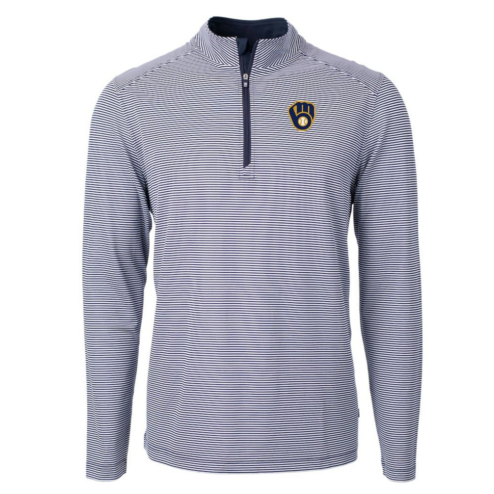 Navy/White Milwaukee Brewers Cutter & Buck Virtue Eco Pique Micro Stripe Big & Tall Recycled Quarter-Zip Pullover Top