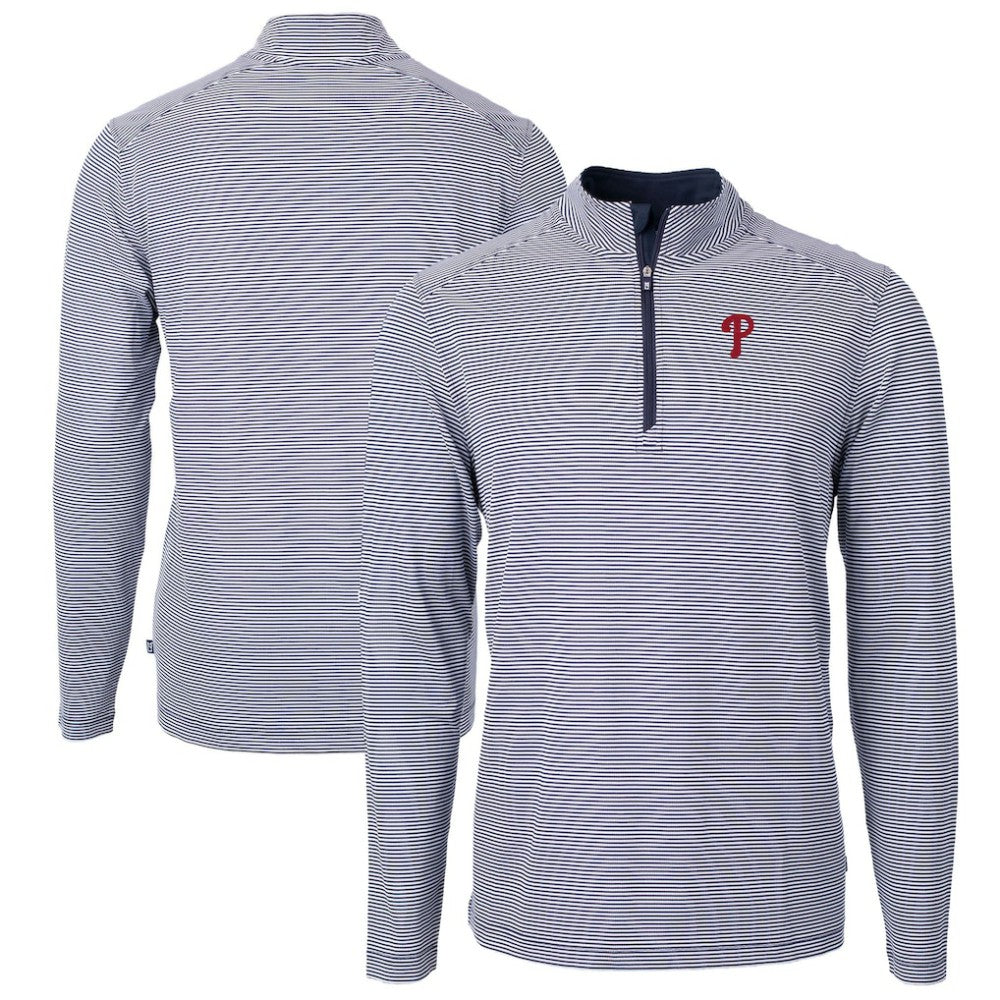 Navy/White Philadelphia Phillies Cutter & Buck Virtue Eco Pique Micro Stripe Big & Tall Recycled Quarter-Zip Pullover Top