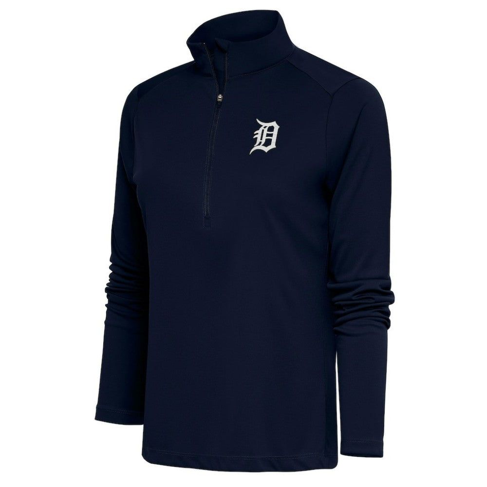 Navy Detroit Tigers Antigua Women's Brushed Metallic Tribute Half-Zip Pullover Top