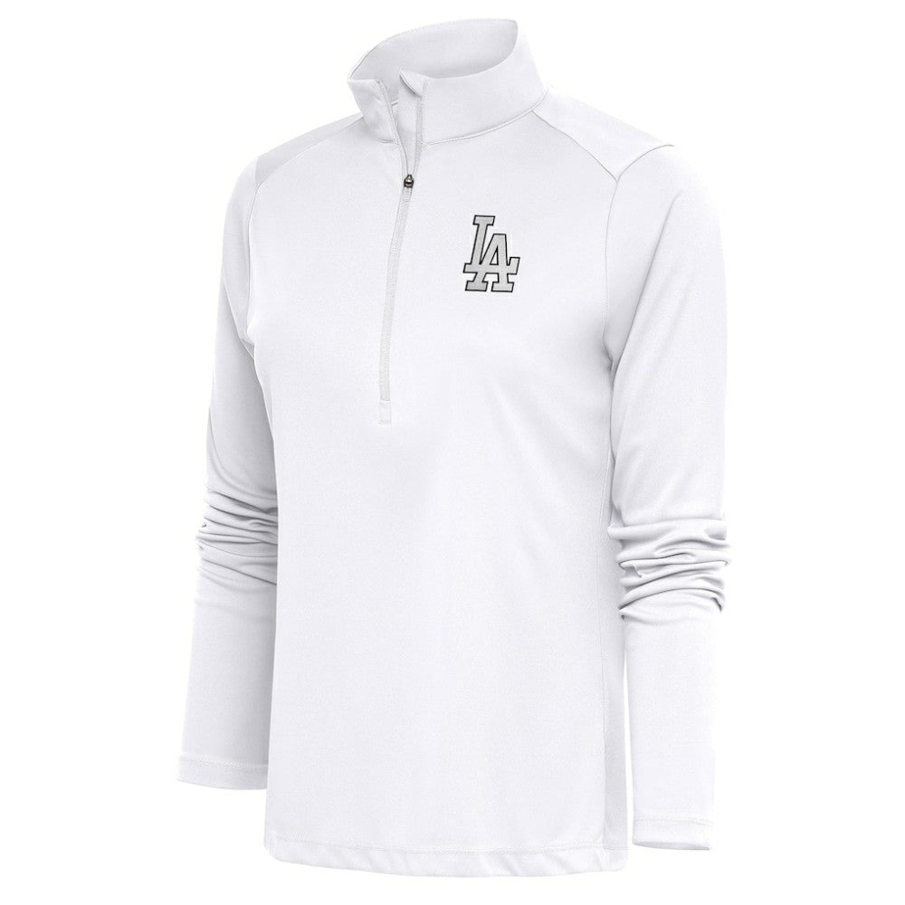 White Los Angeles Dodgers Antigua Women's Brushed Metallic Tribute Half-Zip Pullover Top