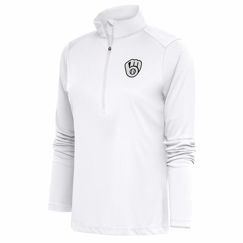 White Milwaukee Brewers Antigua Women's Brushed Metallic Tribute Half-Zip Pullover Top
