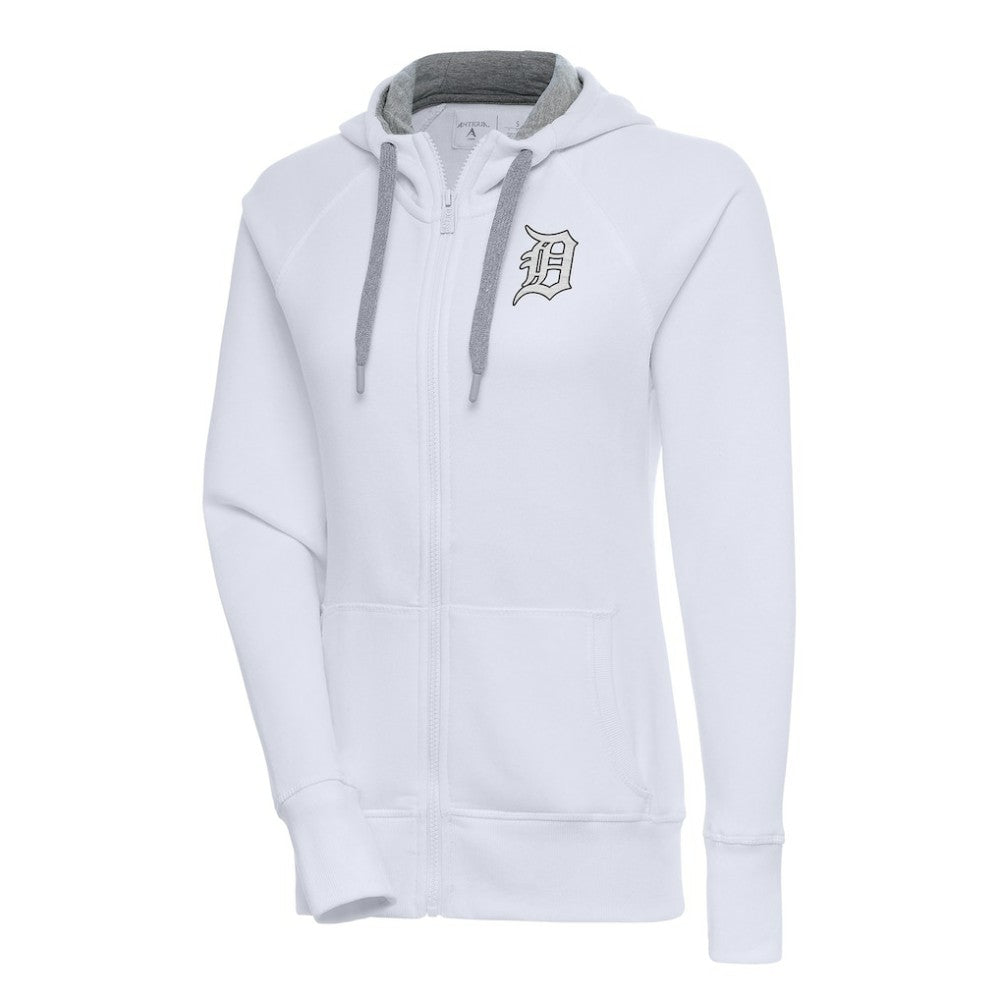 White Detroit Tigers Antigua Women's Brushed Metallic Victory Full-Zip Hoodie