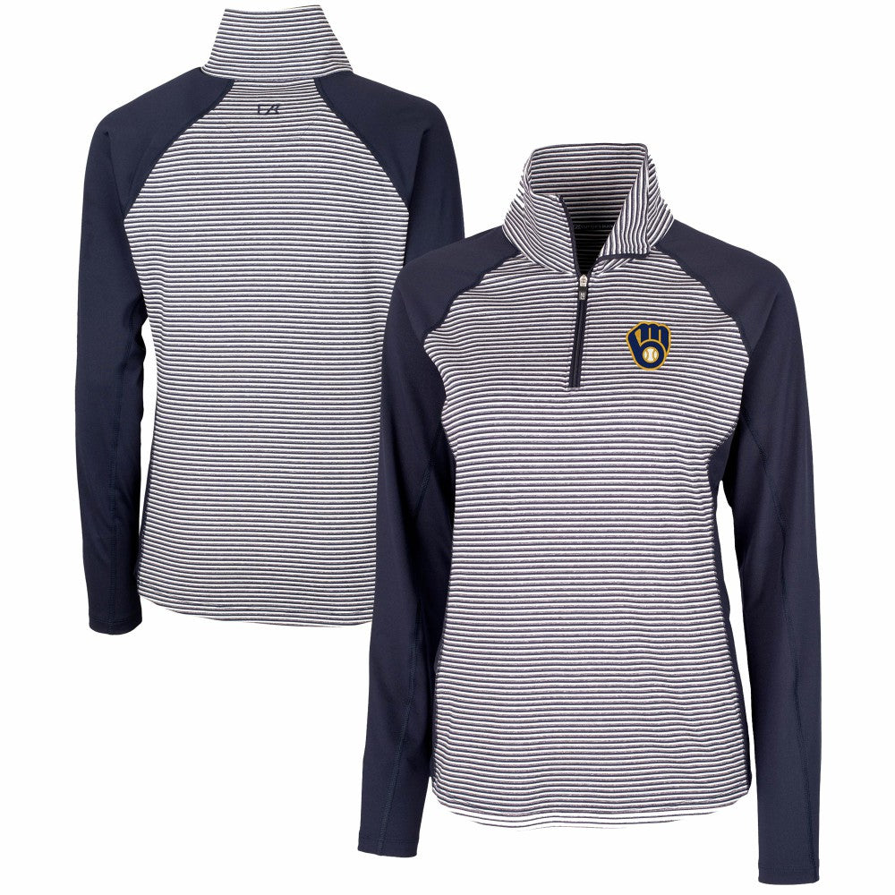 Navy Milwaukee Brewers Cutter & Buck Women's DryTec Forge Tonal Stripe Half-Zip Top