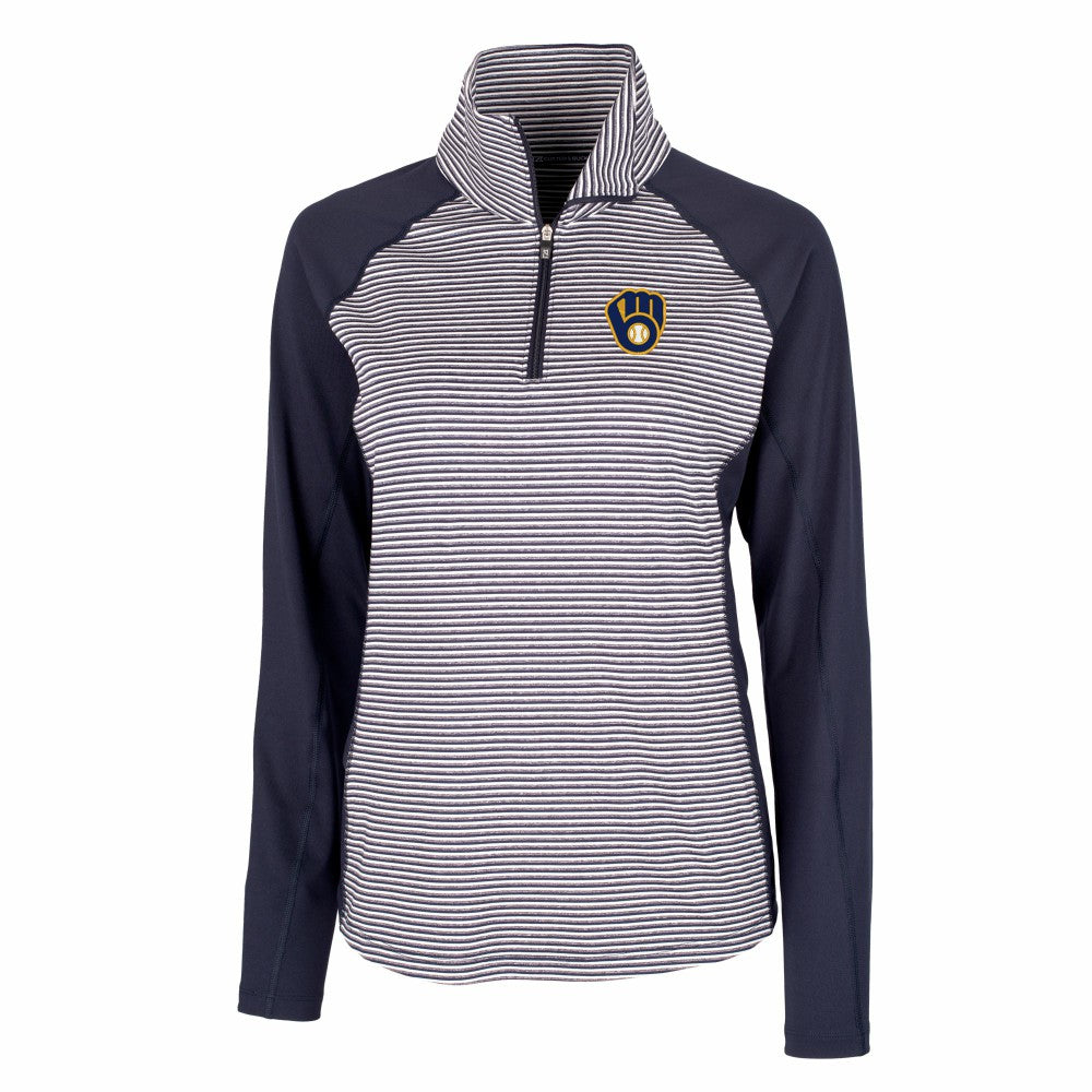 Navy Milwaukee Brewers Cutter & Buck Women's DryTec Forge Tonal Stripe Half-Zip Top