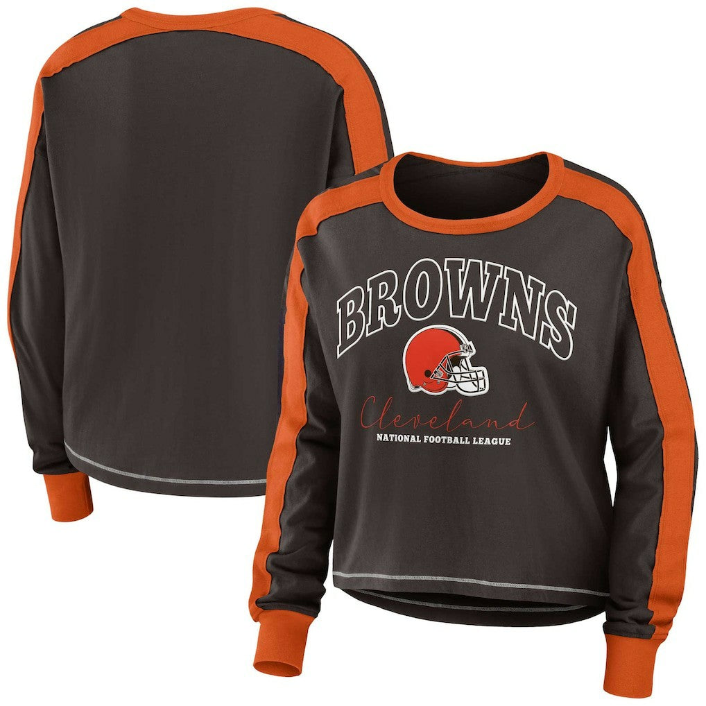 WEAR by Erin Andrews Women's Color Block Modest Crop Long Sleeve T-Shirt - Cleveland Browns T-shirts