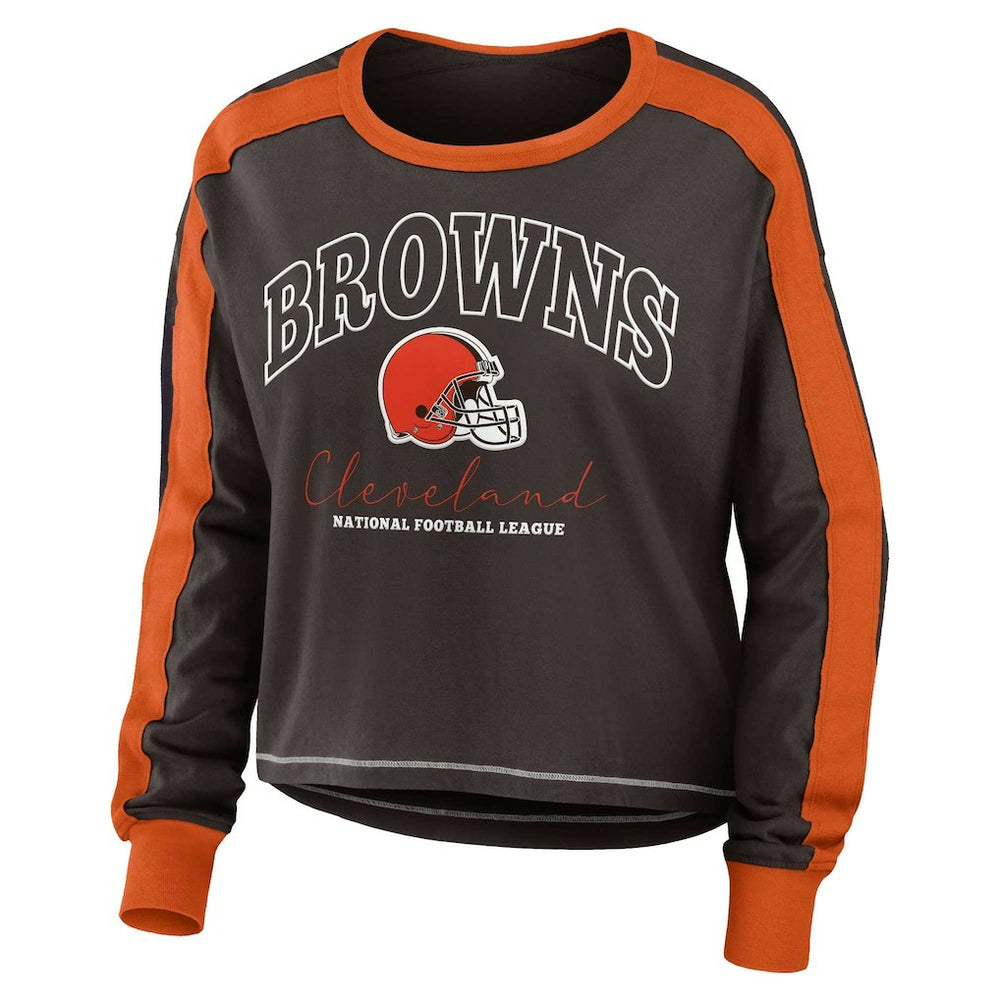 WEAR by Erin Andrews Women's Color Block Modest Crop Long Sleeve T-Shirt - Cleveland Browns T-shirts